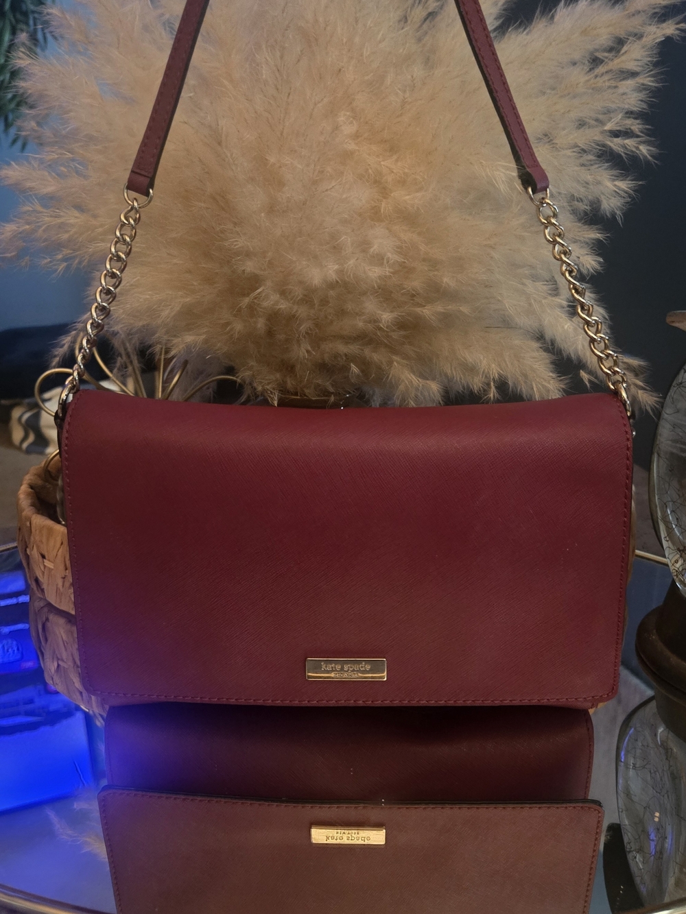 Kate Spade New York Raspberry Saffiano Leather Chain Crossbody Bag